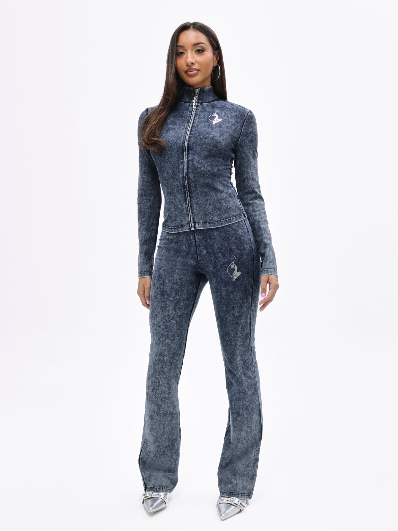 Denim Wash Funnel Neck High Neck Zip Top