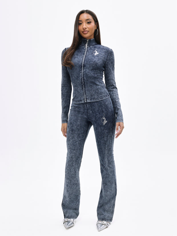 Denim Wash Funnel Neck High Neck Zip Top