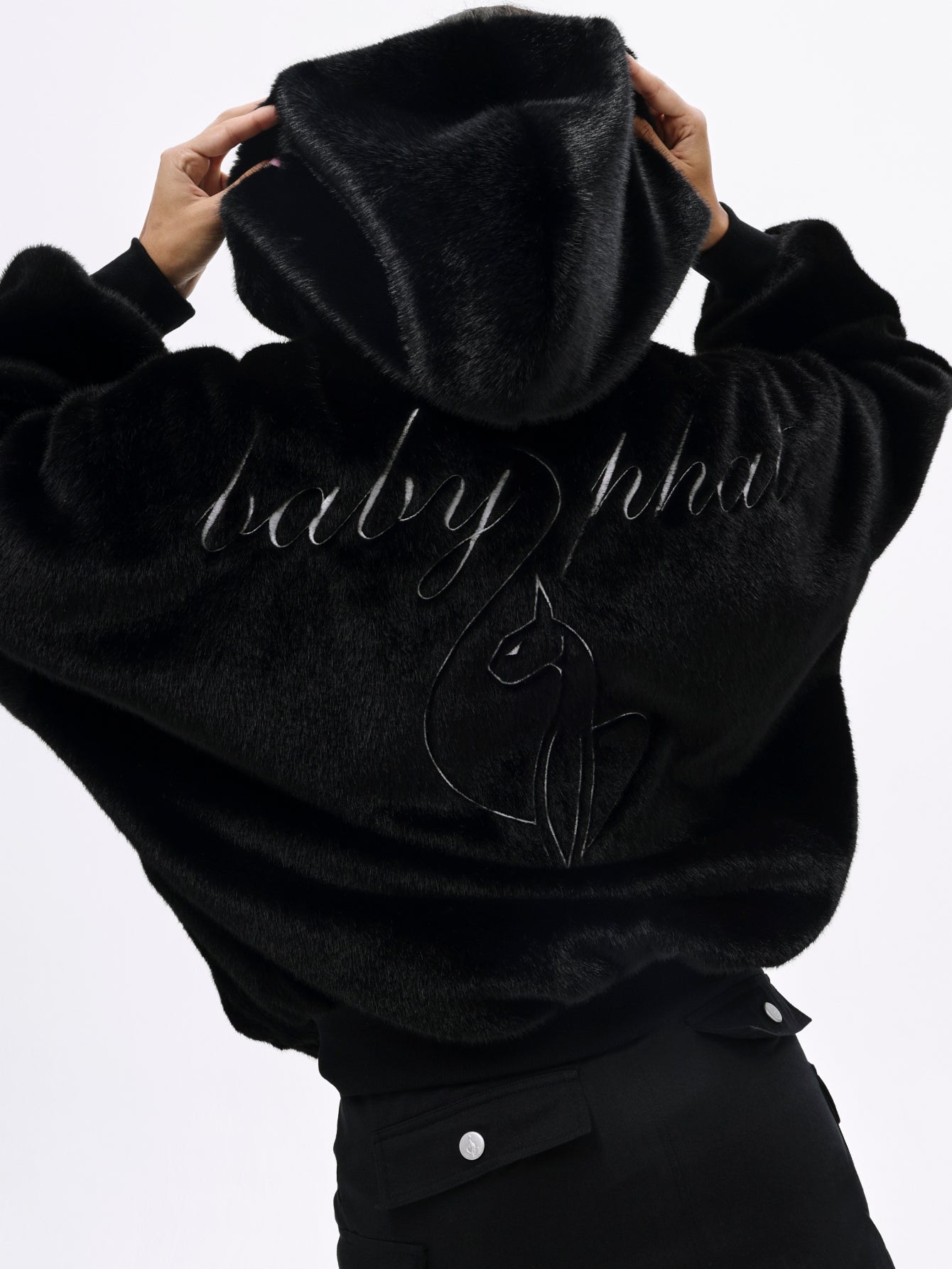 Oversized Hooded Faux Fur Jacket, black plush texture with back logo, back view