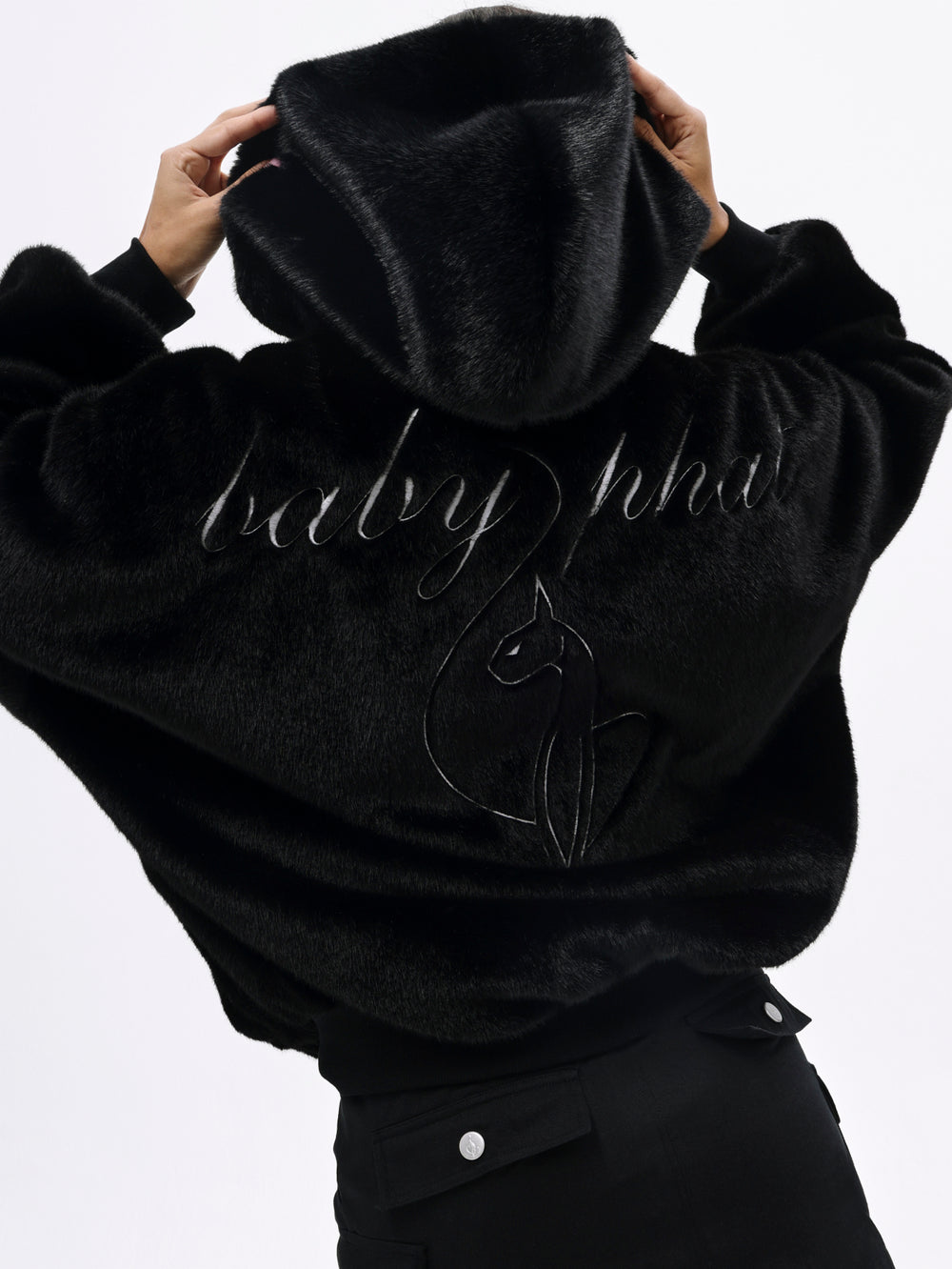 Oversized Hooded Faux Fur Jacket in Black | Baby Phat