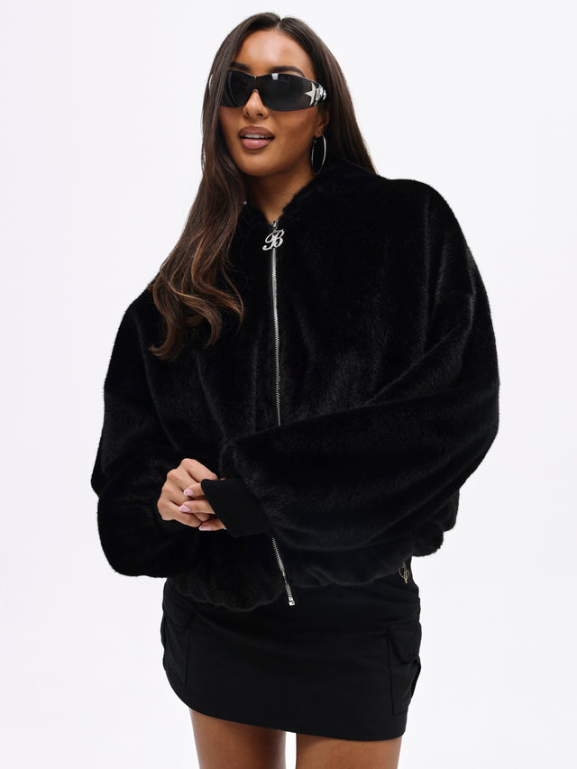 Oversized Hooded Faux Fur Jacket, black plush zip-front silhouette, front view