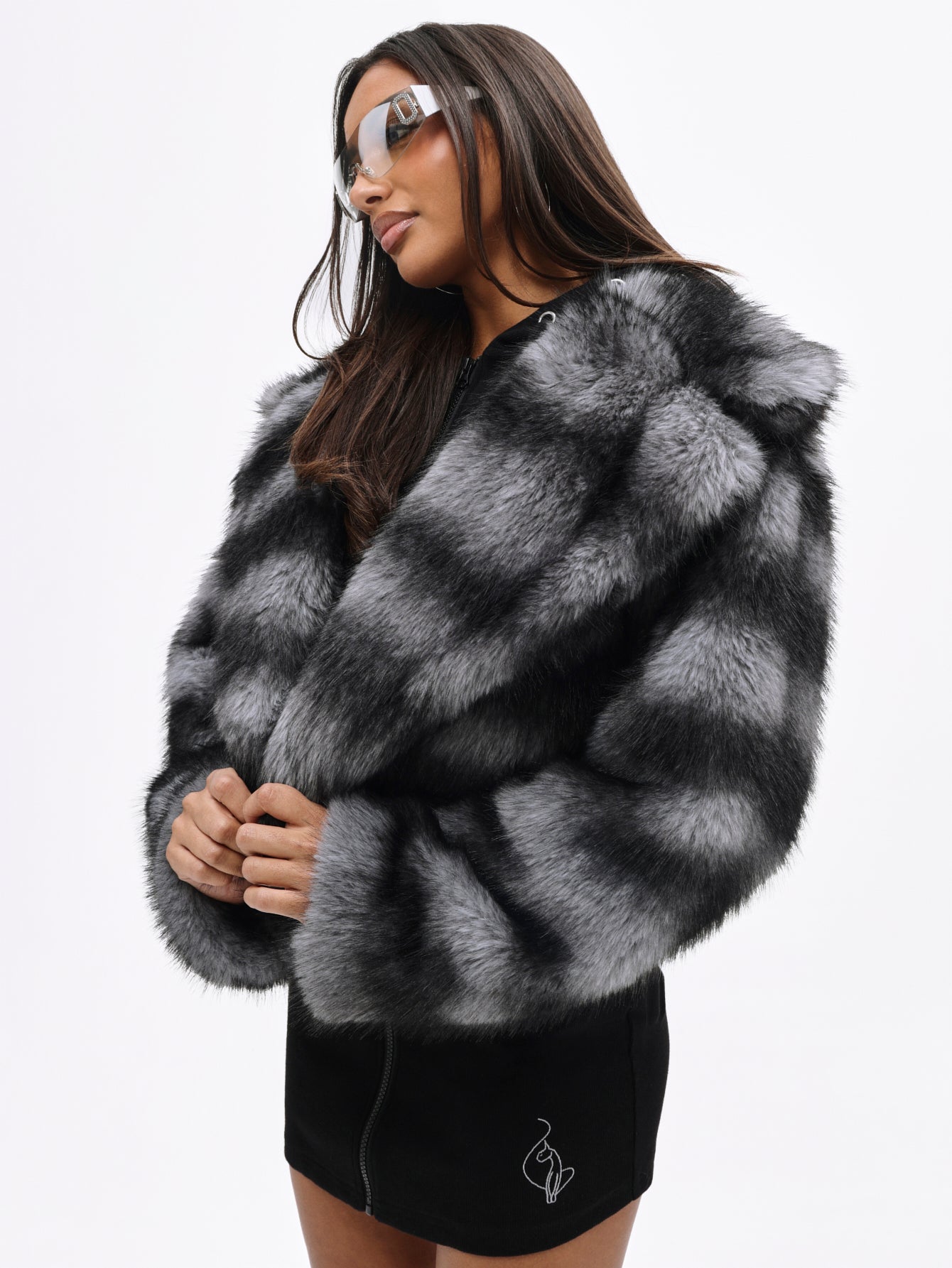 Faux Fur Jacket, black and gray striped faux fur, front view