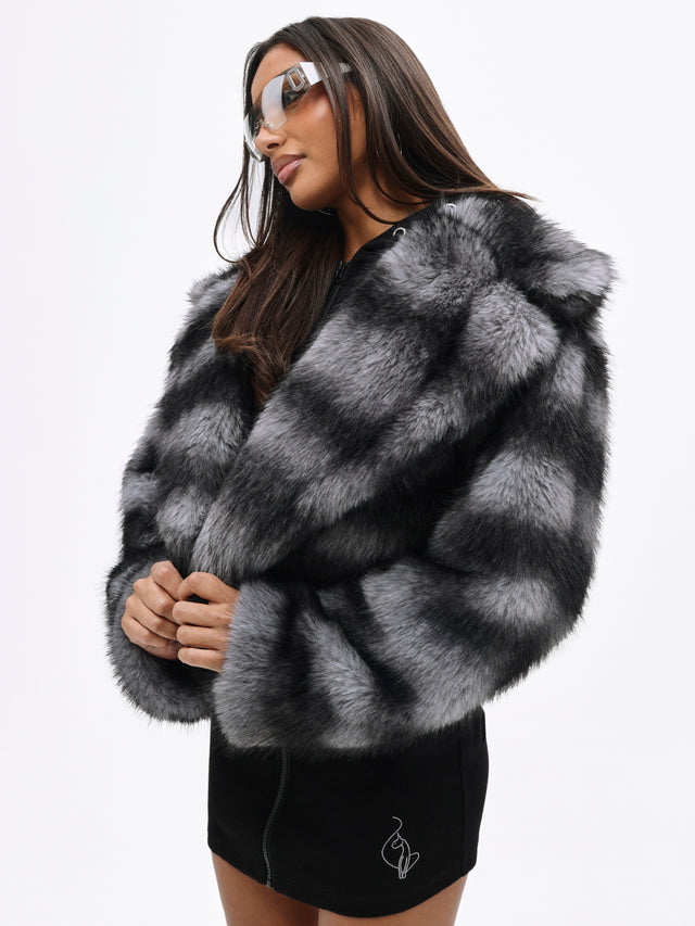 Faux Fur Jacket, black and gray striped faux fur, front view