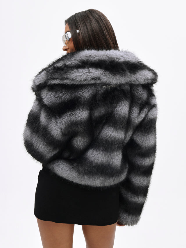 Faux Fur Jacket, black and gray striped faux fur, back view