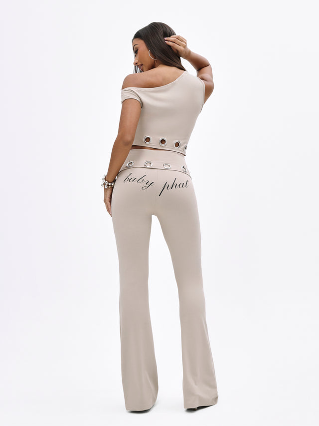 Fold Over Flare Leggings With Eyelets, taupe flare leg with fold-over eyelet waist, back view