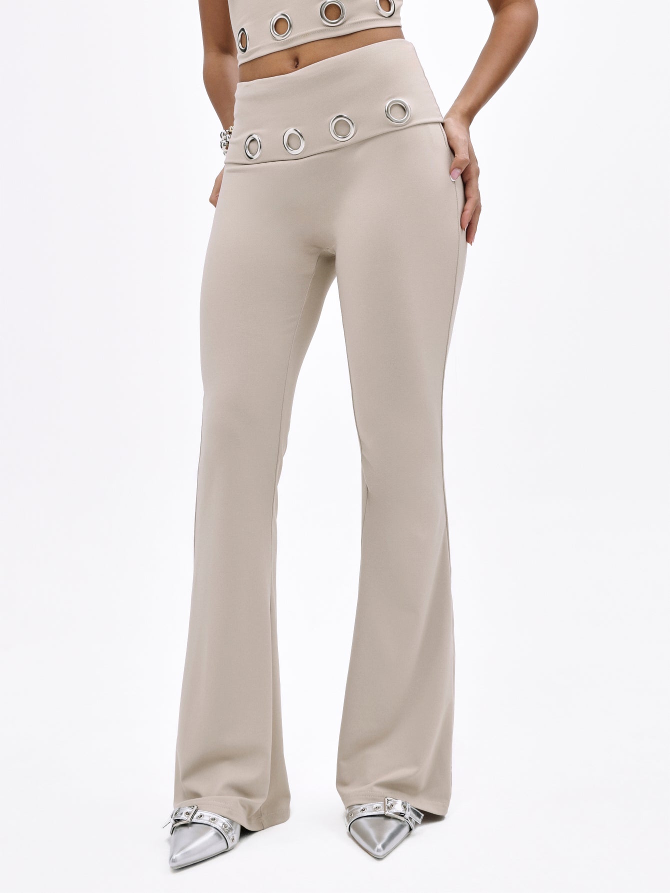 Fold Over Flare Leggings With Eyelets