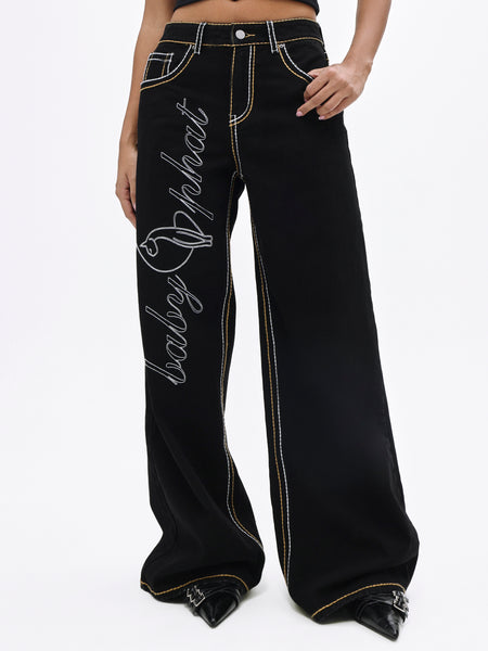 Contrast Logo Baggy Jeans in Black Denim | Baby Phat | Baby Phat