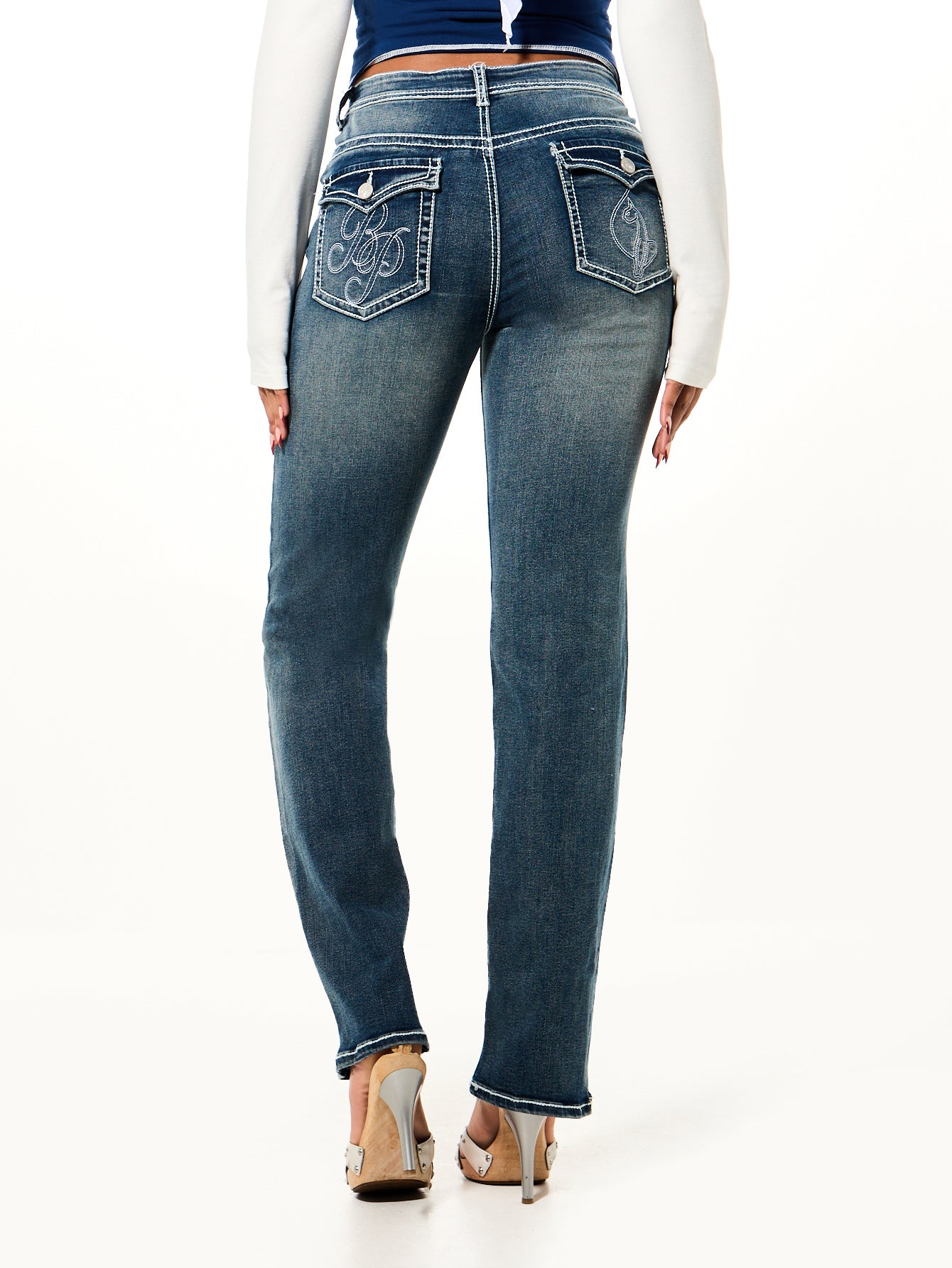 Straight Leg Jean, vintage blue wash with embroidered pockets, back view