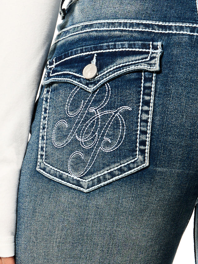 Straight Leg Jean, embroidered back pocket monogram, logo detail