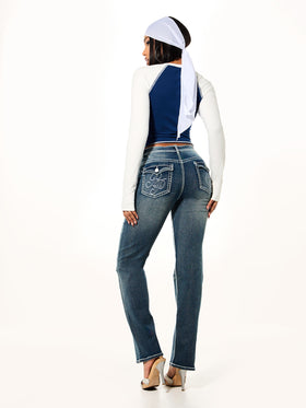 Straight Leg Jean, vintage blue wash styled on model, back full-body view