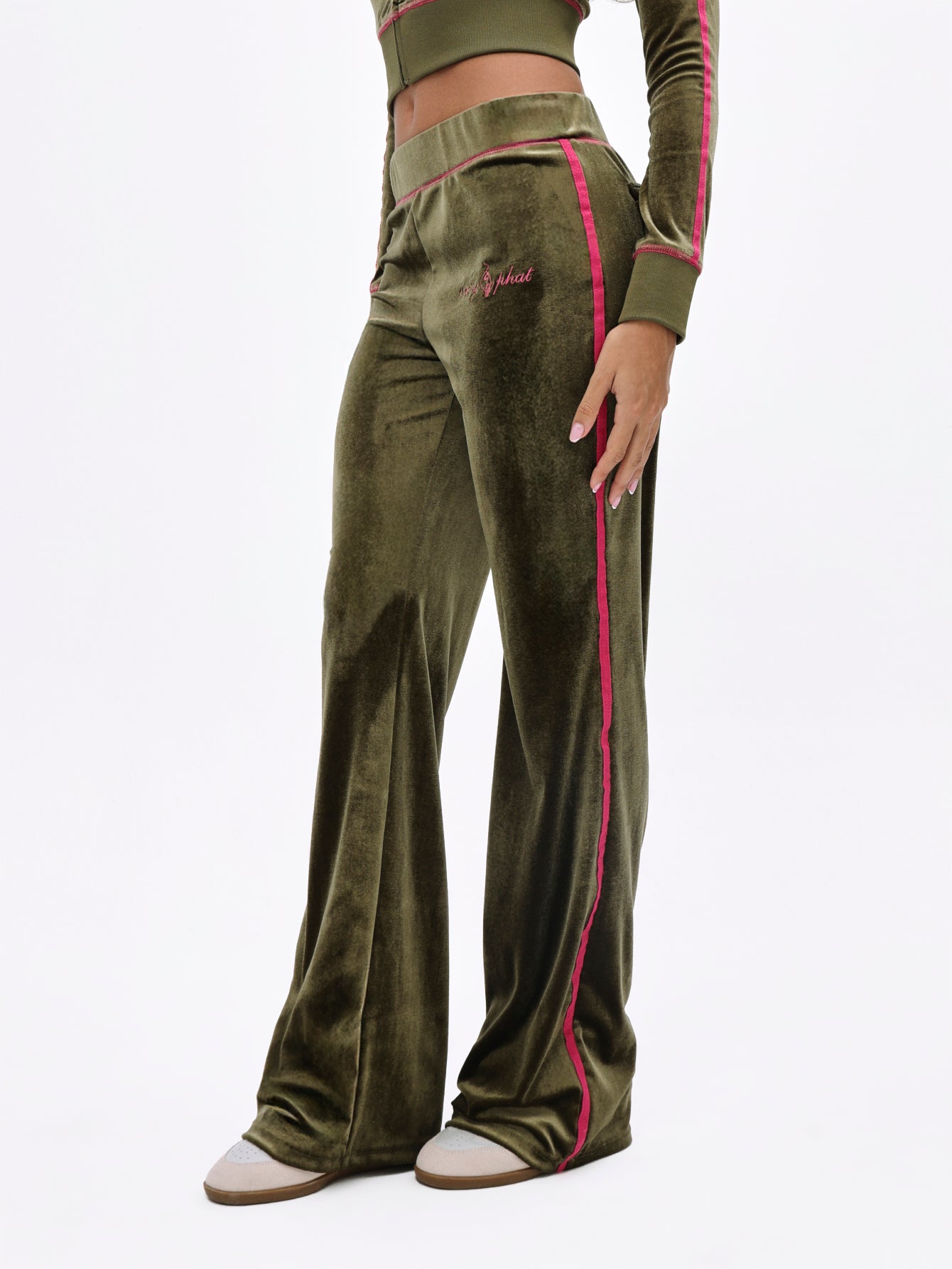 Retro Velour Flare Sweatpant, olive velour with pink side piping, close-up detail