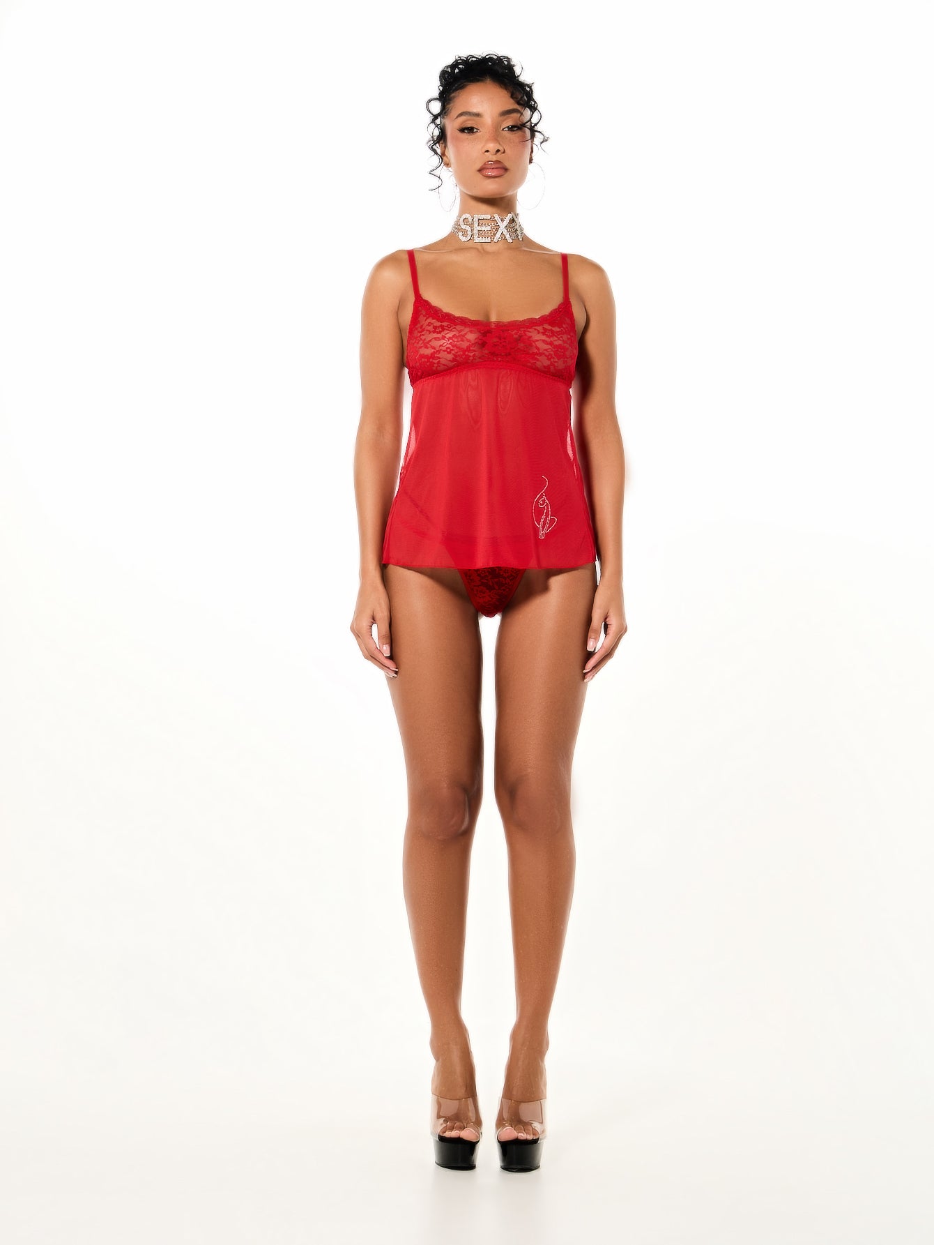 Lace Trim Babydoll Set With Matching Thong, red sheer babydoll and lace thong set, front full-body view