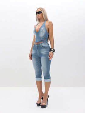 Stretch Denim Capri Jeans With Turn Up Hems