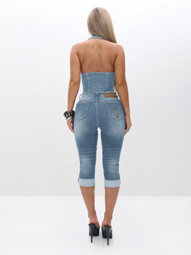Stretch Denim Capri Jeans With Turn Up Hems