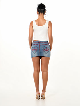 Denim Mini Skirt With Heart Pockets, rear full-body view of denim mini with heart pockets, back view