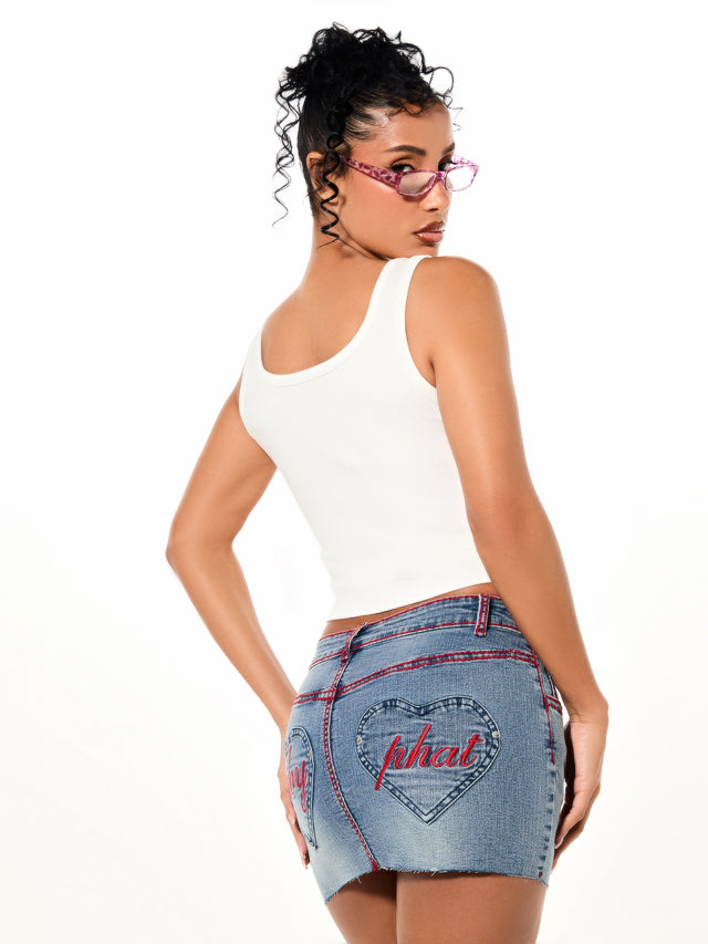 Graffiti Hearts Logo Tank Top, fitted white cropped silhouette, back view