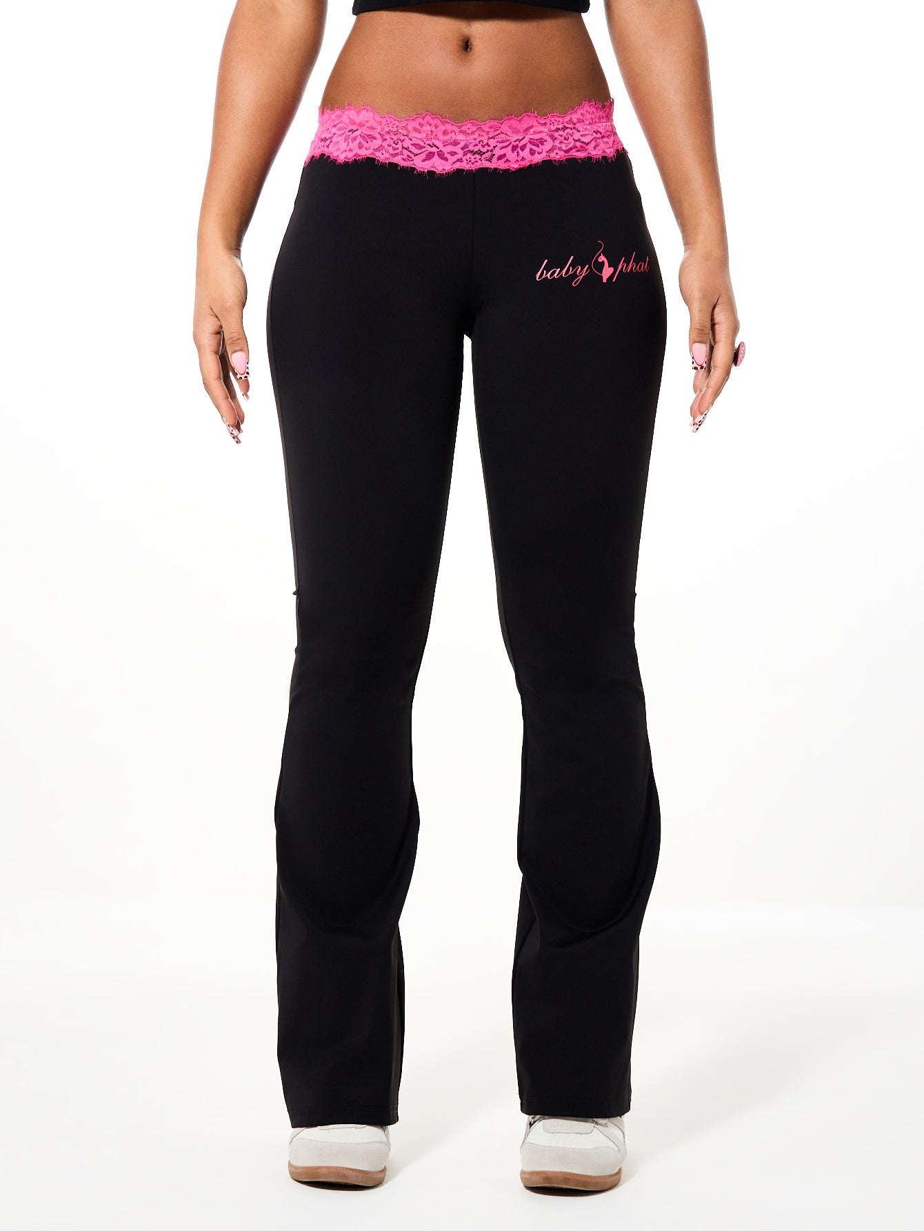 Flare Legging with Lace Trim, black flare leg with pink lace waist, close-up detail