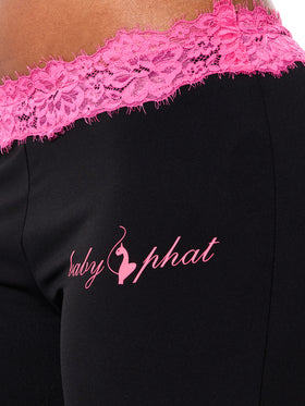 Flare Legging with Lace Trim, pink script logo on black flare leg, logo detail