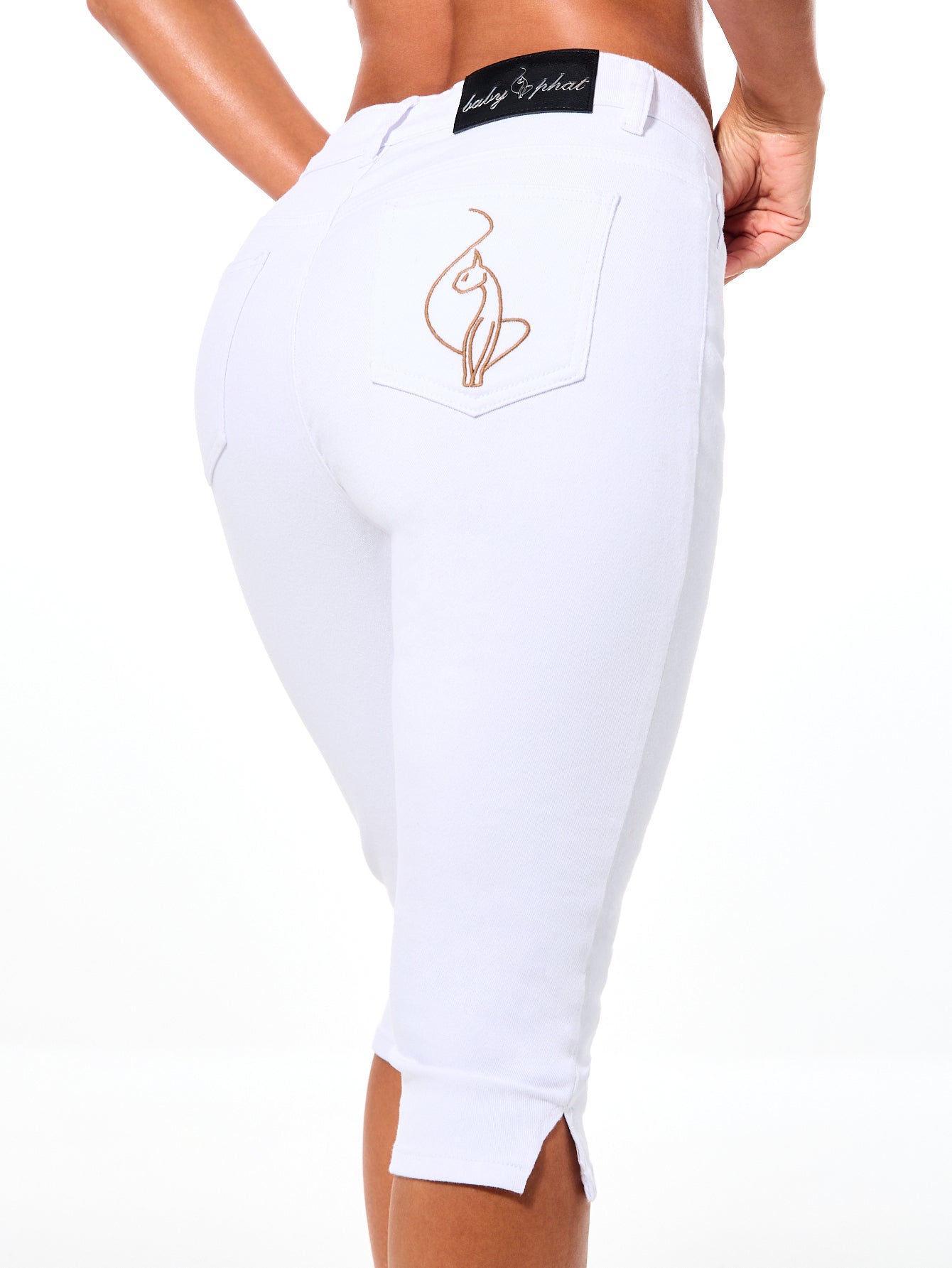 White Stretch Denim Capri, embroidered back pocket, back view