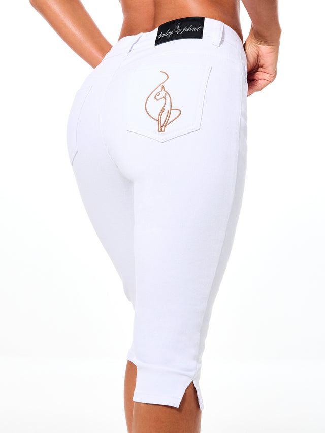 White Stretch Denim Capri, embroidered back pocket, back view