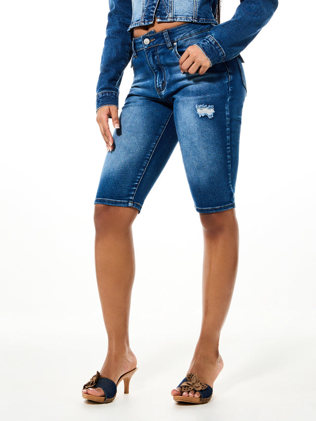 Medium Wash Capri Jean, fitted below-knee denim silhouette, front view