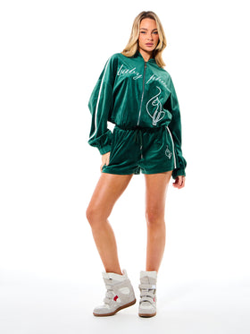 Velour Bomber Style Zip Up Sweatshirt