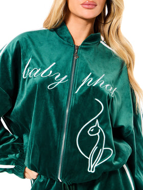 Velour Bomber Style Zip Up Sweatshirt
