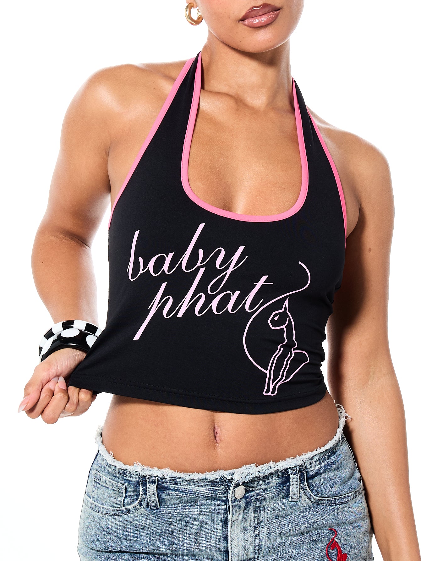 Halter Top with Contrast Details, black halter top with pink contrast trim, front view