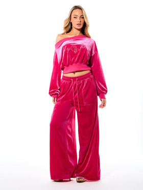 Wide Leg Velour Sweatpant with Rhinestones