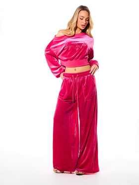 Off Shoulder Velour Sweatshirt with Rhinestones