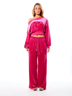 Off Shoulder Velour Sweatshirt with Rhinestones