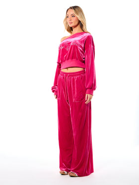 Off Shoulder Velour Sweatshirt with Rhinestones