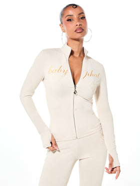 Long Sleeve High Neck Zip Up Top with Metallic Logo