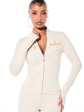 Long Sleeve High Neck Zip Up Top with Metallic Logo