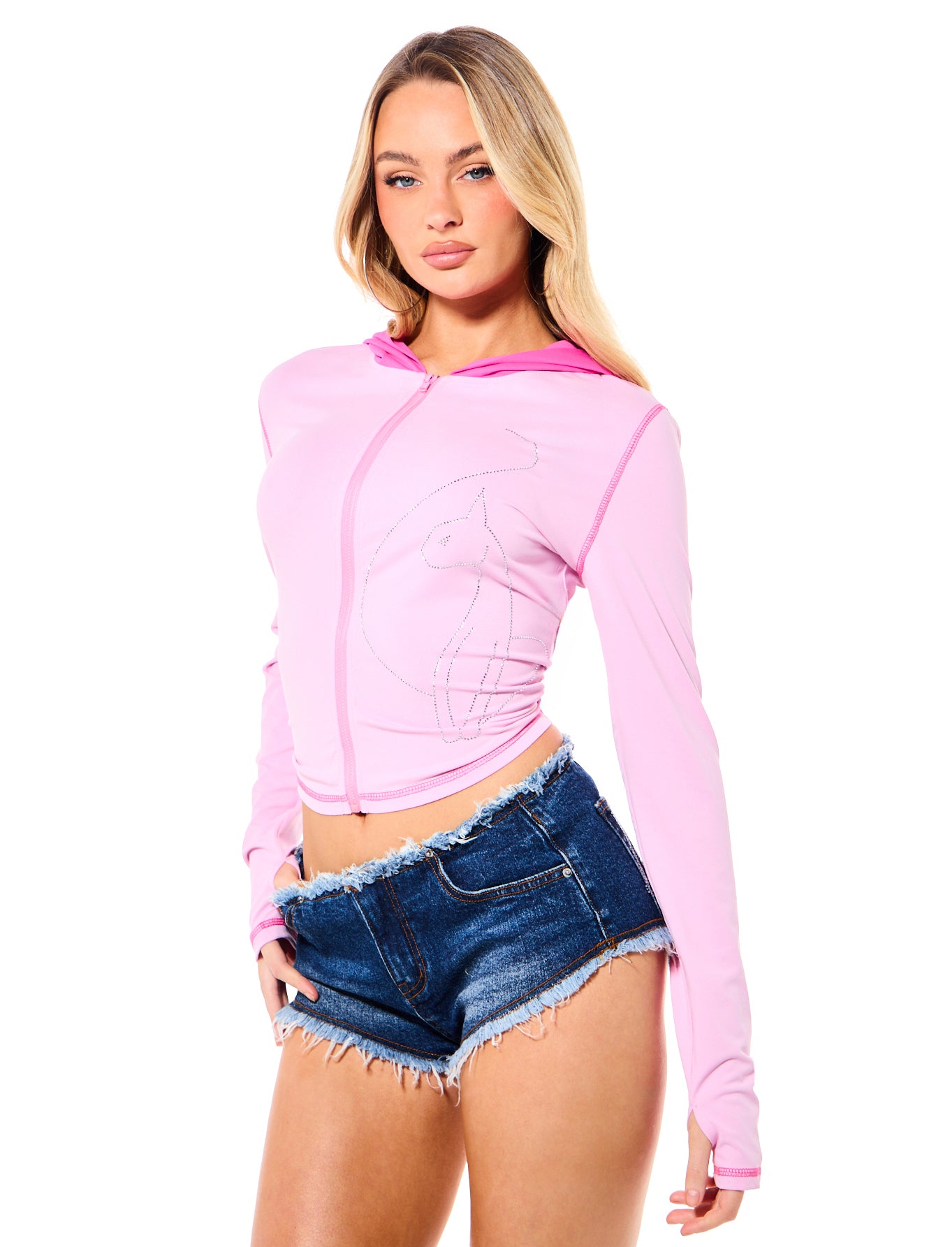 Long Sleeve Hooded Zip Up Top with Rhinestones