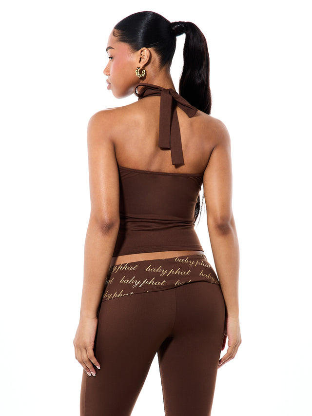 Tie Neck Halter Top with Gold Logo