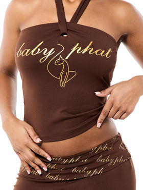 Tie Neck Halter Top with Gold Logo
