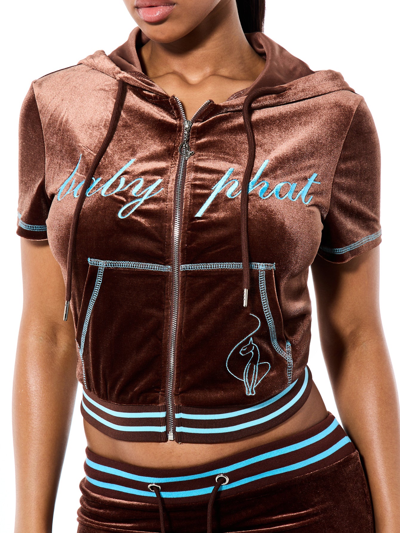 Short Sleeve Velour Zip Up Hoodie with Contrast Logo