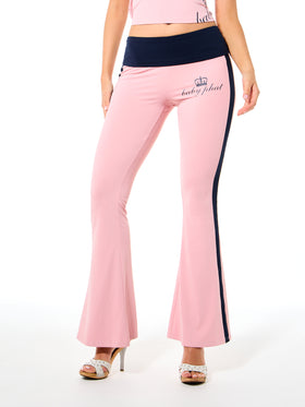 Foldover Flare Leggings with Contrast Waistband and Side Stripe