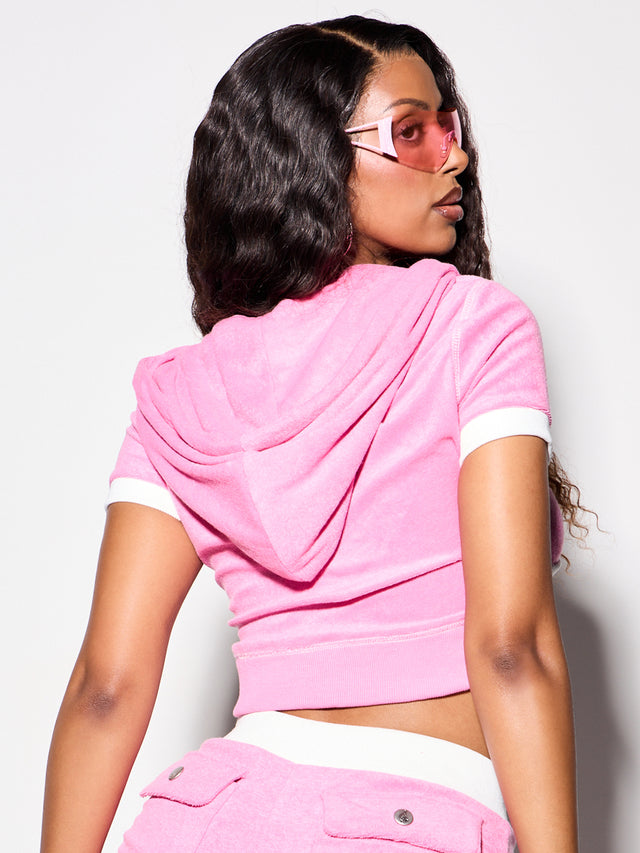 Cropped Short Sleeve Hooded Terry Zip Up Top