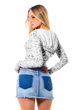 Grey Leopard Long Sleeve Hooded Zip Up Top