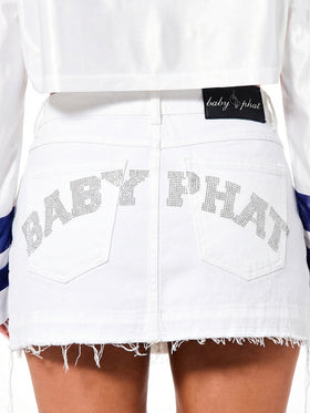 White Denim Skirt with Rhinestone Logo