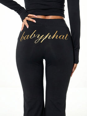 Pull On Flare Leggings with Gold Logo