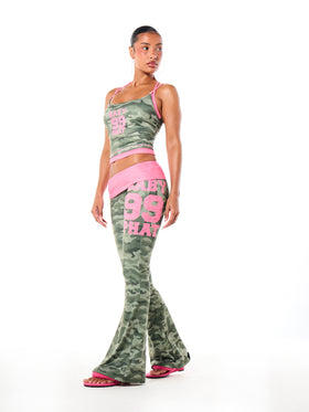 Camo Print Foldover Flare Leggings with Pink Contrast Waistband