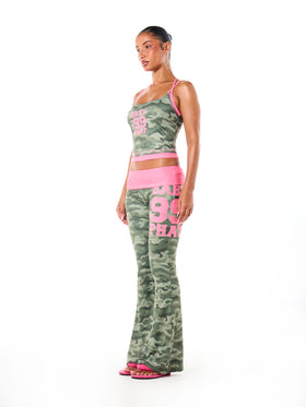 Camo Print Foldover Flare Leggings with Pink Contrast Waistband