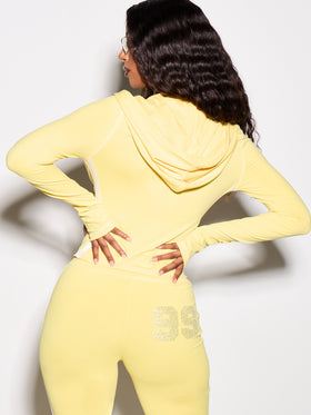 Long Sleeve Hooded Zip Up Top with Rhinestones