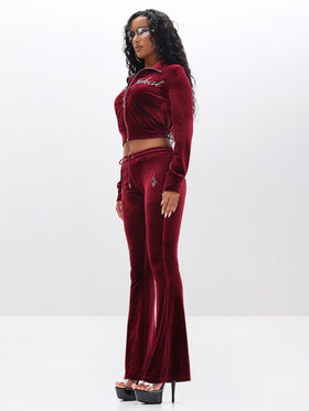 Velour Funnel Neck Sweatshirt with Rhinestones, burgundy velour with rhinestone script, side view