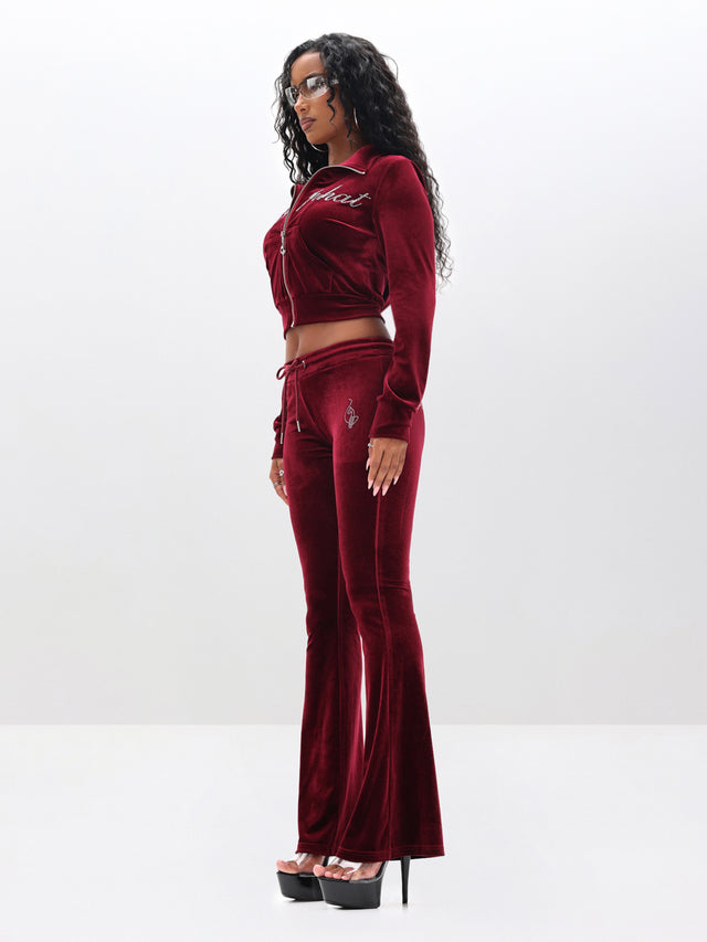 Low Rise Velour Sweatpant with Rhinestones, burgundy velour flare from profile angle, side view