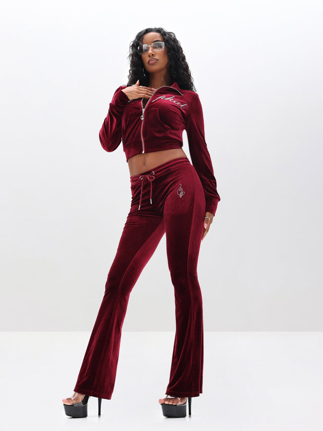 Low Rise Velour Sweatpant with Rhinestones, burgundy low-rise velour with flared leg, front full-body view
