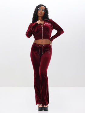 Velour Funnel Neck Sweatshirt with Rhinestones, burgundy velour with matching flared pants, on-model styling view